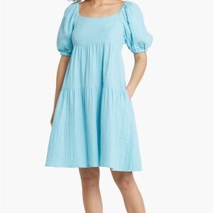 Caslon Blue Puff Sleeve Cotton Dress